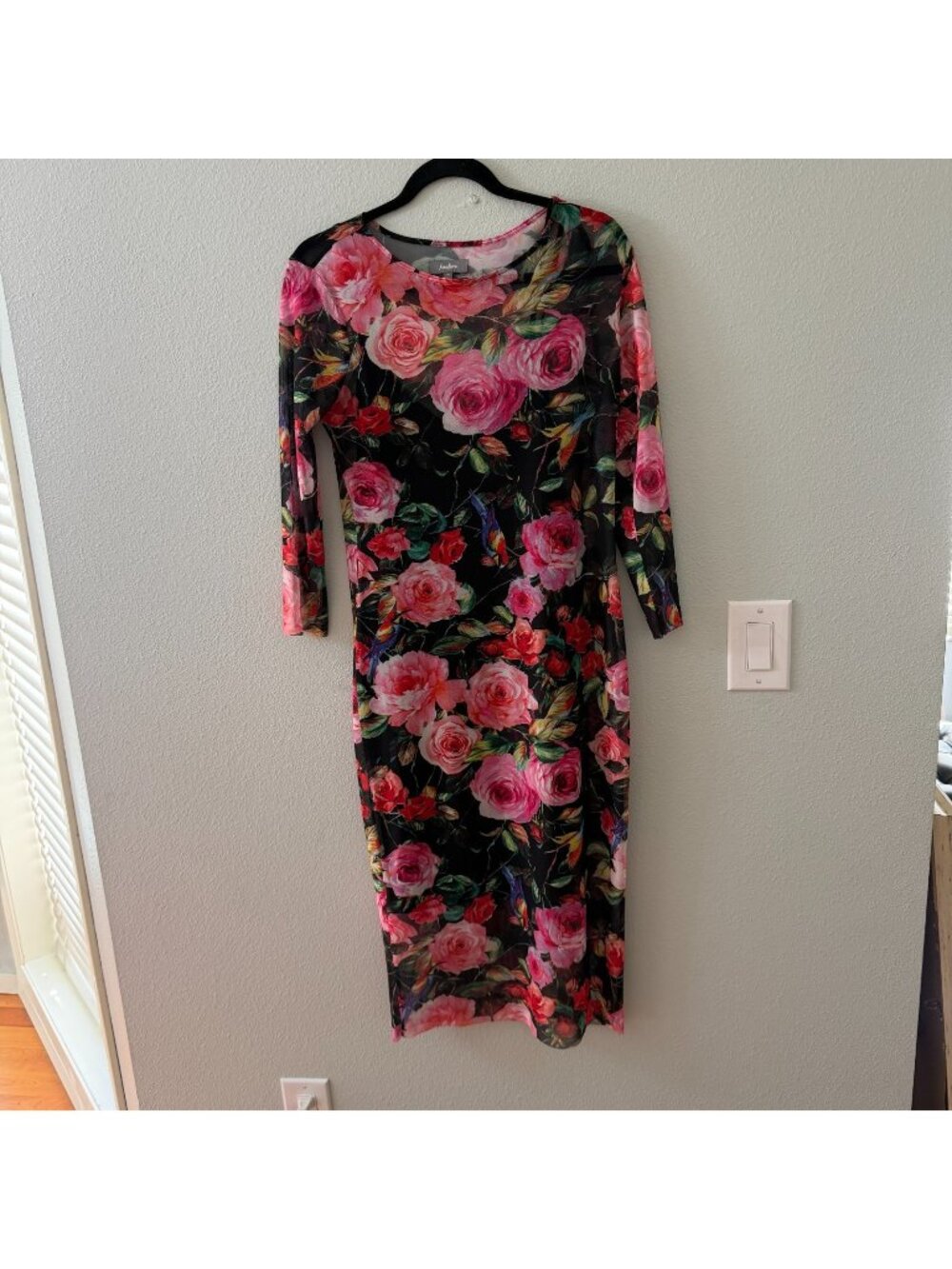 Neiman Marcus Black Floral Midi Slip Dress Mesh Lined Womens MEDIUM